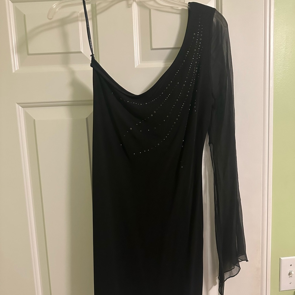 Vintage Bebe bedazzled one shoulder mesh sleeve mini dress